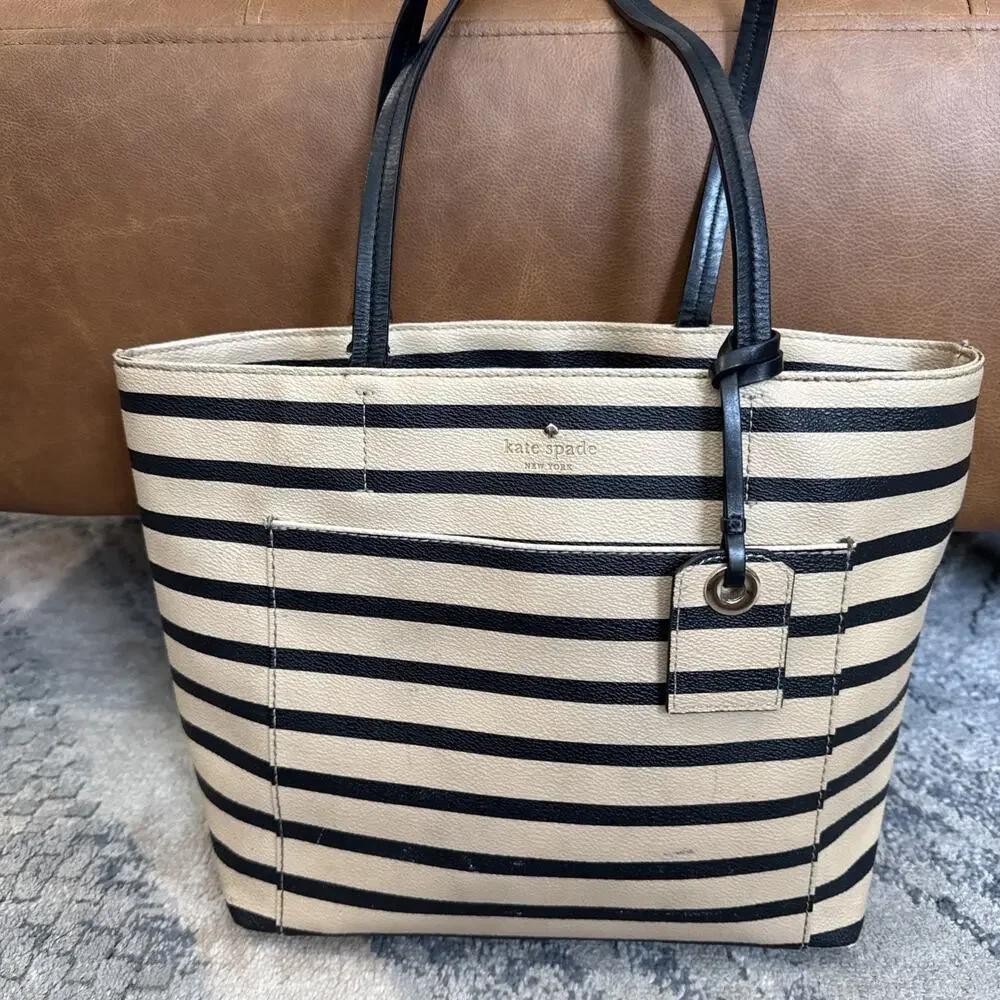 Kate Spade Hyde Lane Dipped Riley Tote Purse Bag Beige/Tan Blk Striped